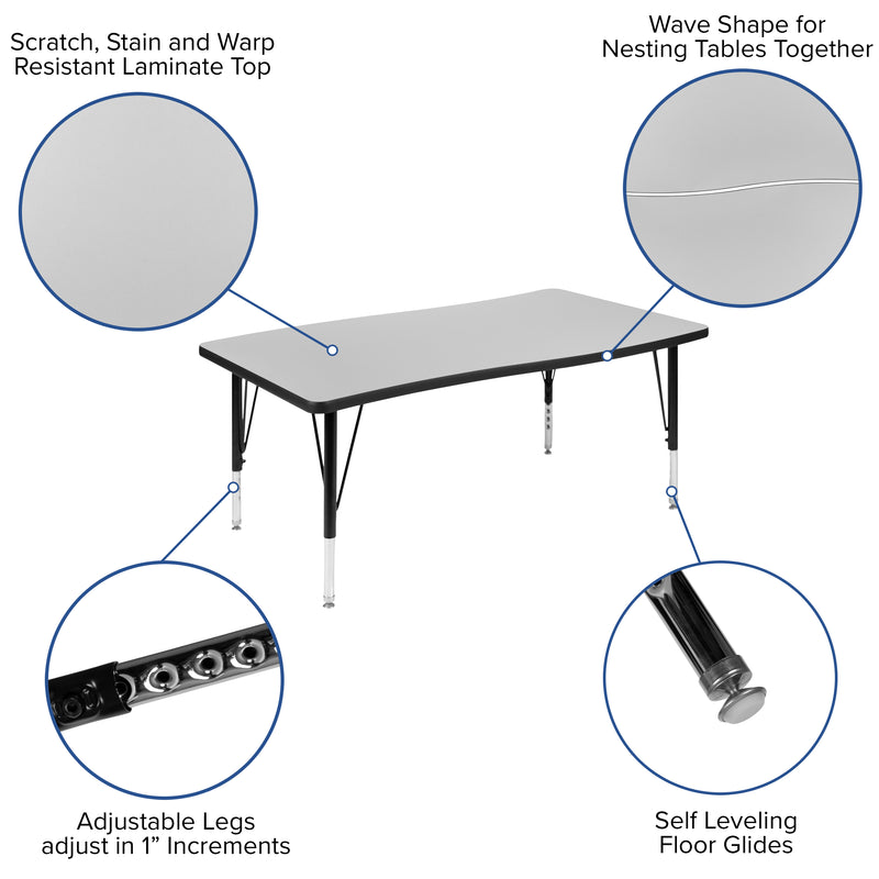 28"W x 47.5"L Rectangular Wave Flexible Collaborative Grey Thermal Laminate Activity Table - Height Adjustable Short Legs