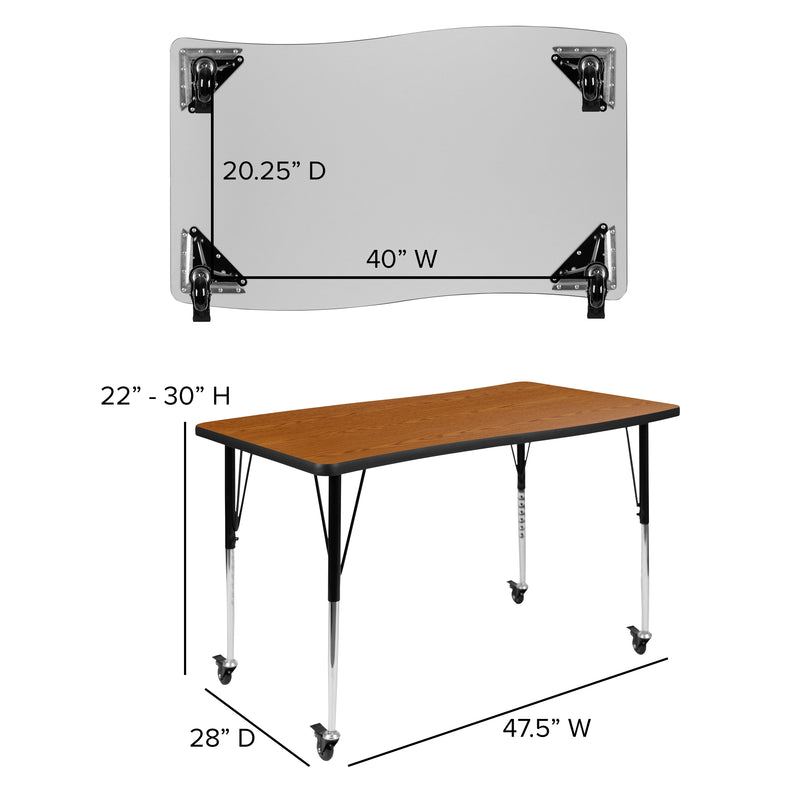 Mobile 28"W x 47.5"L Rectangular Wave Flexible Collaborative Oak Laminate Activity Table-Standard Height Adjustable Legs