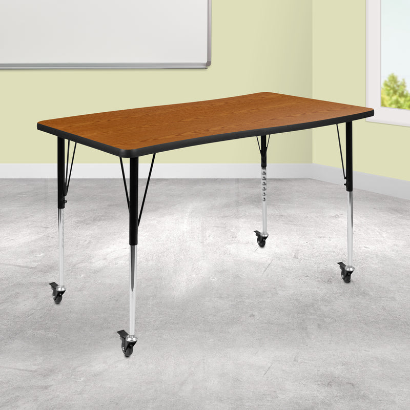 Mobile 28"W x 47.5"L Rectangular Wave Flexible Collaborative Oak Laminate Activity Table-Standard Height Adjustable Legs