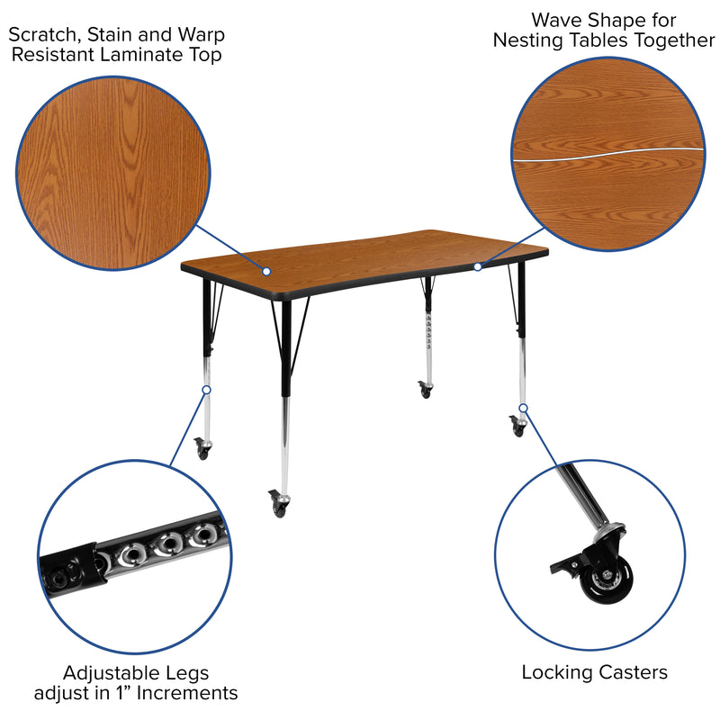 Mobile 28"W x 47.5"L Rectangular Wave Flexible Collaborative Oak Laminate Activity Table-Standard Height Adjustable Legs