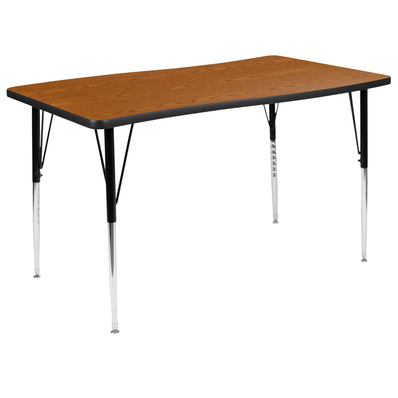 28"W x 47.5"L Rectangular Wave Flexible Collaborative Oak Finish Laminate Activity Table - Standard Height Adjustable Legs