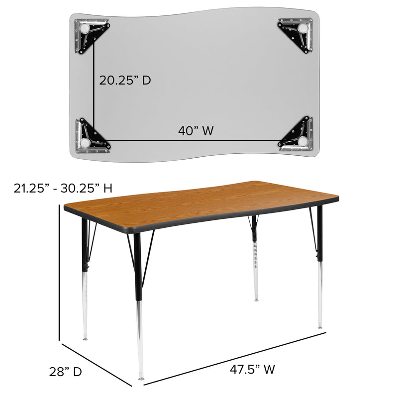 28"W x 47.5"L Rectangular Wave Flexible Collaborative Oak Finish Laminate Activity Table - Standard Height Adjustable Legs