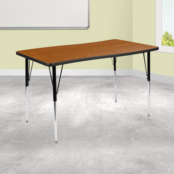 28"W x 47.5"L Rectangular Wave Flexible Collaborative Oak Finish Laminate Activity Table - Standard Height Adjustable Legs