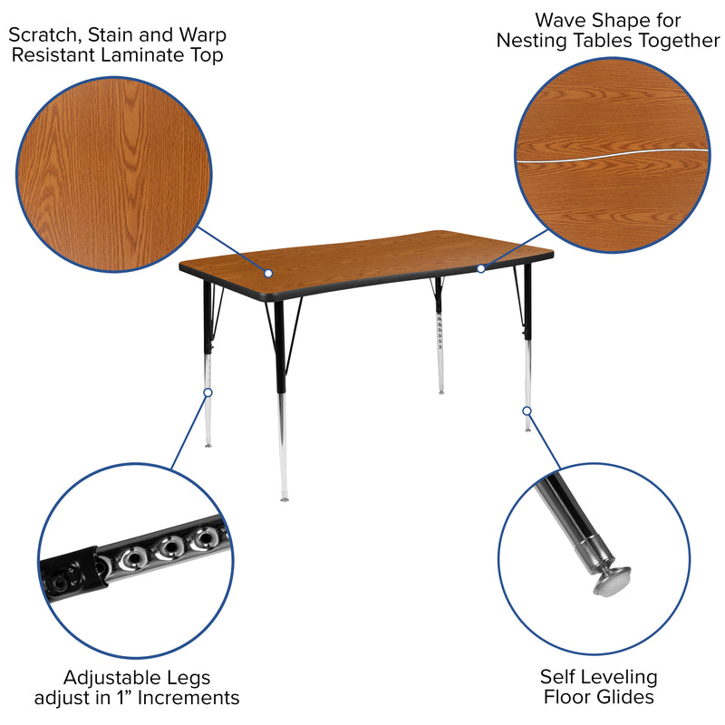 28"W x 47.5"L Rectangular Wave Flexible Collaborative Oak Finish Laminate Activity Table - Standard Height Adjustable Legs