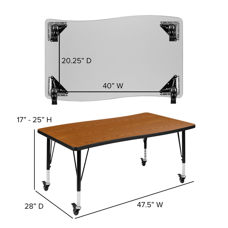 Mobile 28"W x 47.5"L Rectangular Wave Flexible Collaborative Oak Laminate Activity Table - Height Adjustable Short Legs