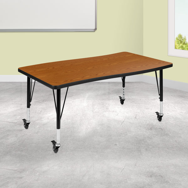 Mobile 28"W x 47.5"L Rectangular Wave Flexible Collaborative Oak Laminate Activity Table - Height Adjustable Short Legs