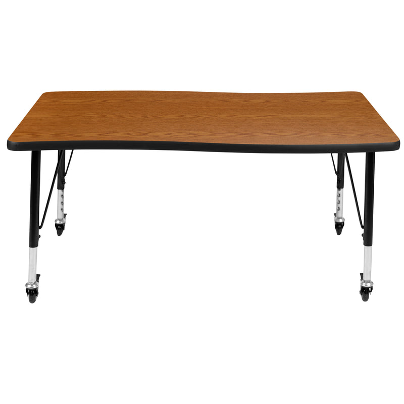 Mobile 28"W x 47.5"L Rectangular Wave Flexible Collaborative Oak Laminate Activity Table - Height Adjustable Short Legs