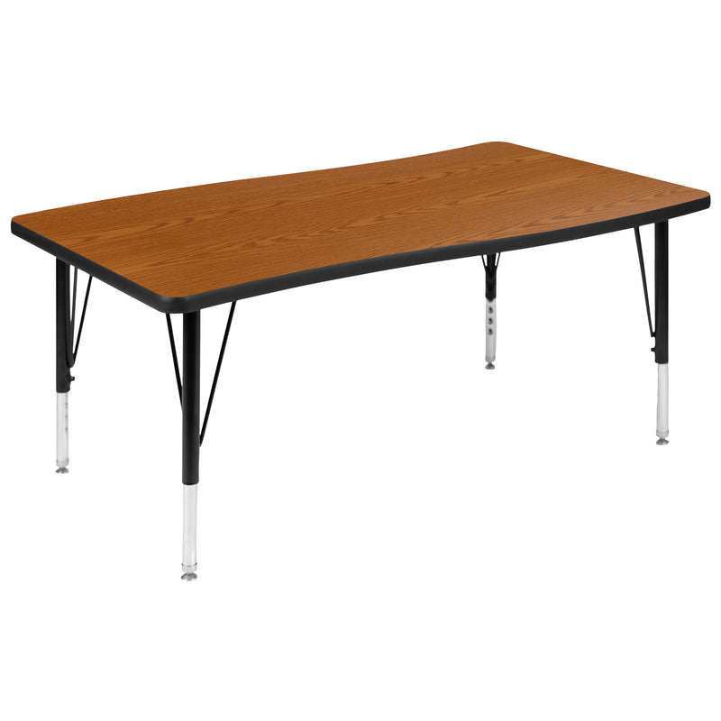 28"W x 47.5"L Rectangular Wave Flexible Collaborative Oak Thermal Laminate Activity Table - Height Adjustable Short Legs