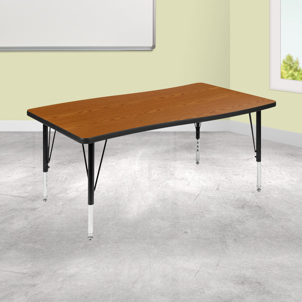 28"W x 47.5"L Rectangular Wave Flexible Collaborative Oak Thermal Laminate Activity Table - Height Adjustable Short Legs