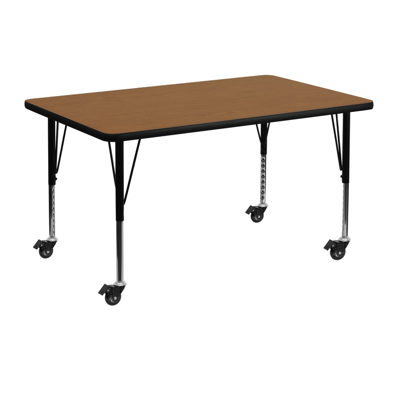 Mobile 30''W x 48''L Rectangular Oak Thermal Laminate Activity Table - Height Adjustable Short Legs