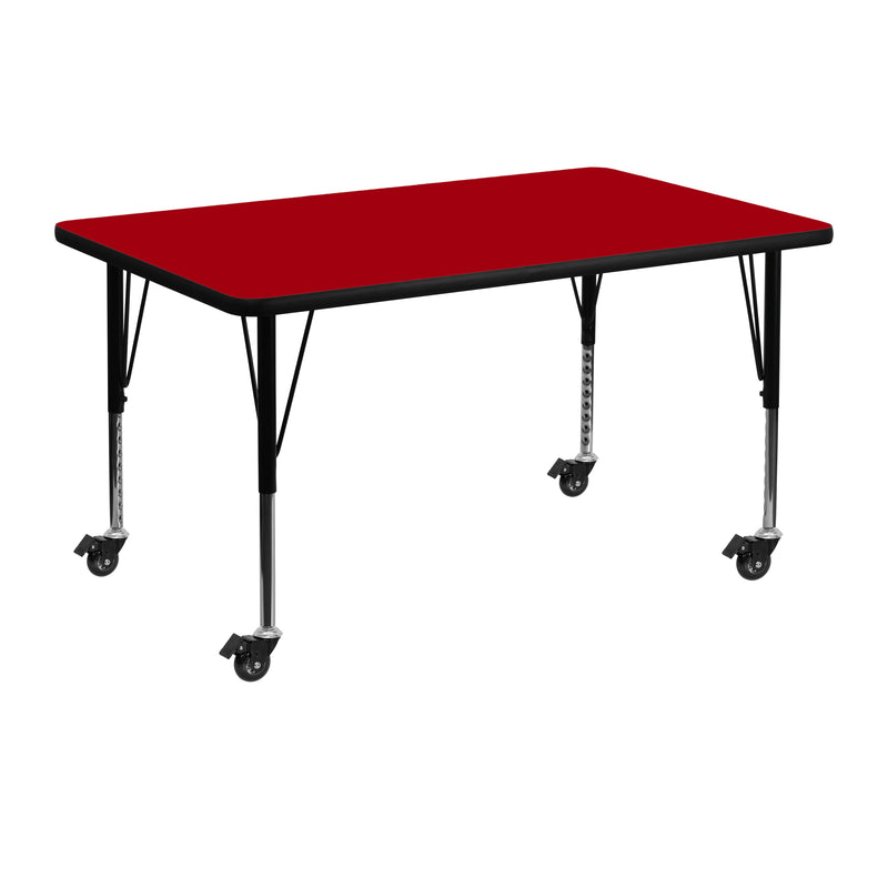 Mobile 30''W x 48''L Rectangular Red Thermal Laminate Activity Table - Height Adjustable Short Legs