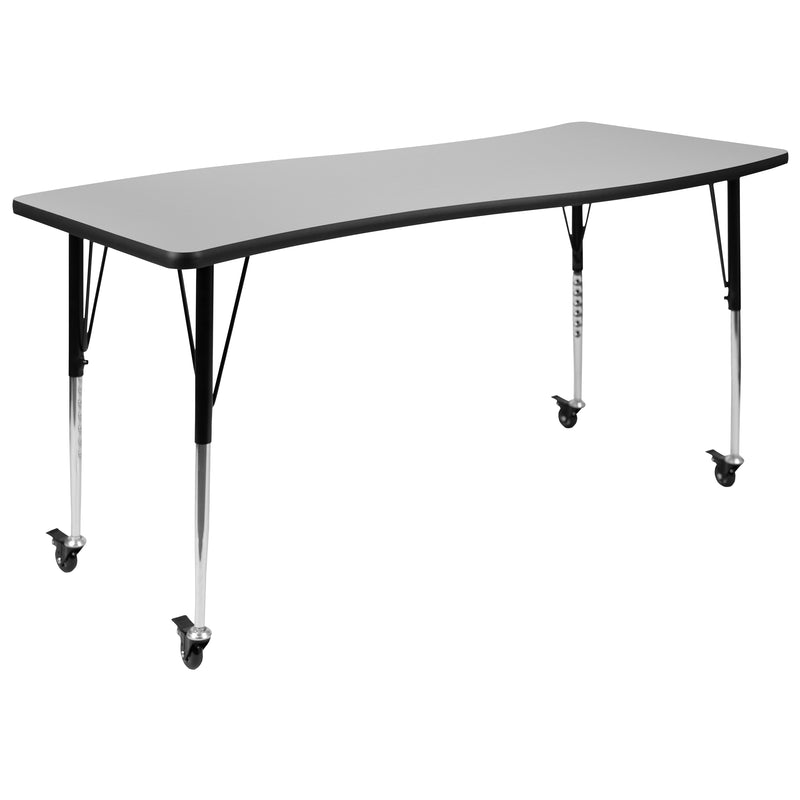 Mobile 26"W x 60"L Rectangular Wave Flexible Collaborative Grey Laminate Activity Table - Standard Height Adjustable Legs