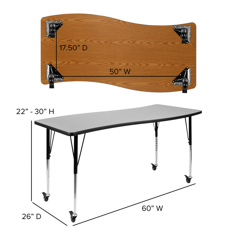 Mobile 26"W x 60"L Rectangular Wave Flexible Collaborative Grey Laminate Activity Table - Standard Height Adjustable Legs