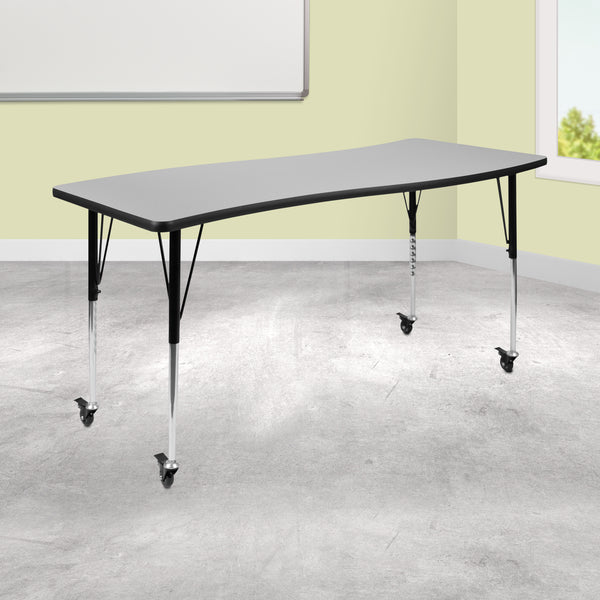 Mobile 26"W x 60"L Rectangular Wave Flexible Collaborative Grey Laminate Activity Table - Standard Height Adjustable Legs