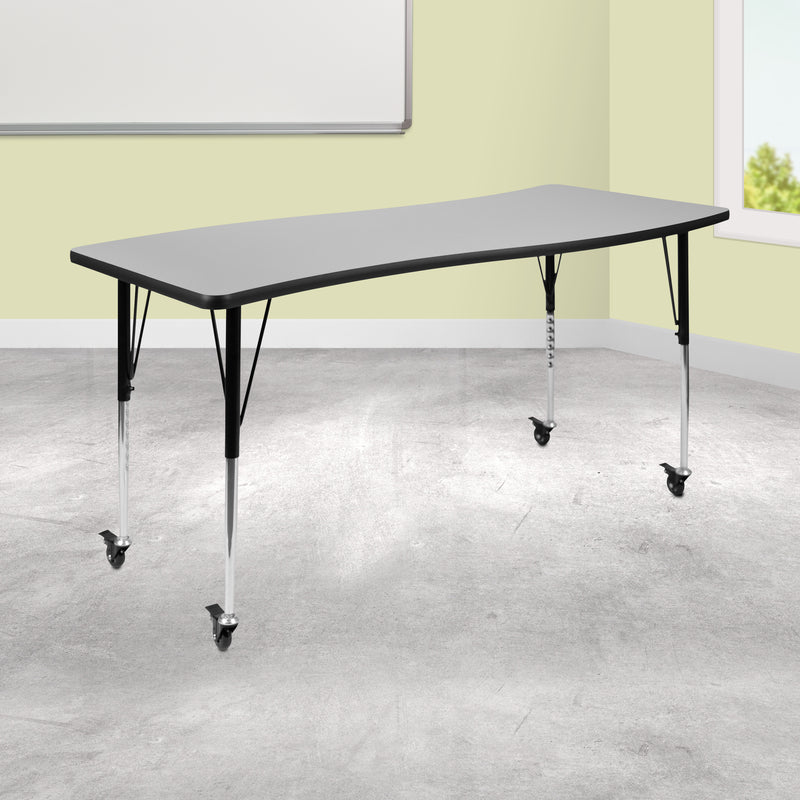 Mobile 26"W x 60"L Rectangular Wave Flexible Collaborative Grey Laminate Activity Table - Standard Height Adjustable Legs