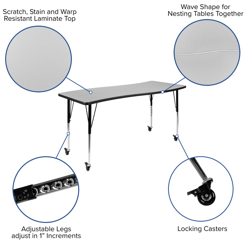 Mobile 26"W x 60"L Rectangular Wave Flexible Collaborative Grey Laminate Activity Table - Standard Height Adjustable Legs