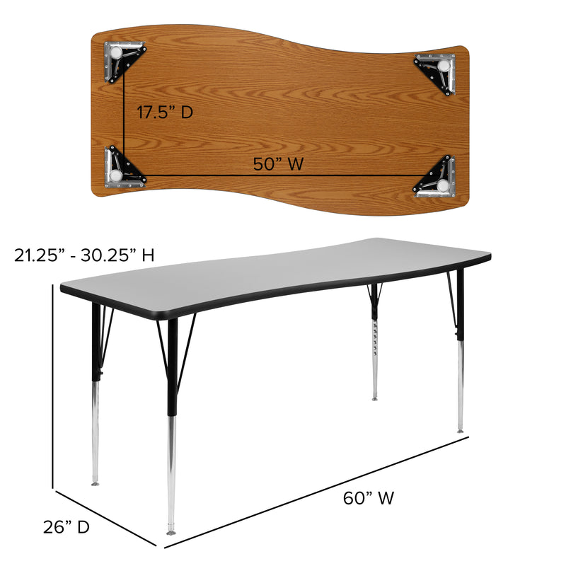 26"W x 60"L Rectangular Wave Flexible Collaborative Grey Thermal Laminate Activity Table - Standard Height Adjustable Legs