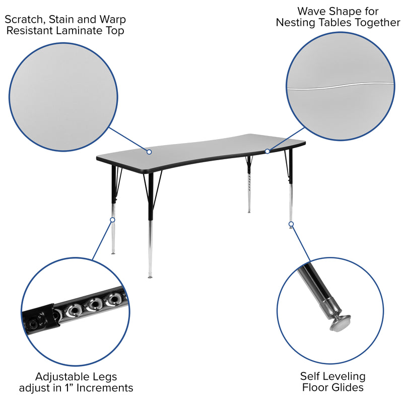 26"W x 60"L Rectangular Wave Flexible Collaborative Grey Thermal Laminate Activity Table - Standard Height Adjustable Legs