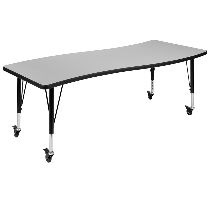 Mobile 26"W x 60"L Rectangular Wave Flexible Collaborative Grey Laminate Activity Table - Height Adjustable Short Legs