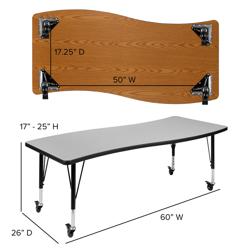 Mobile 26"W x 60"L Rectangular Wave Flexible Collaborative Grey Laminate Activity Table - Height Adjustable Short Legs