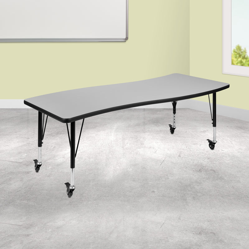 Mobile 26"W x 60"L Rectangular Wave Flexible Collaborative Grey Laminate Activity Table - Height Adjustable Short Legs