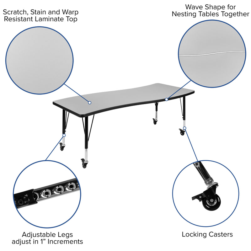 Mobile 26"W x 60"L Rectangular Wave Flexible Collaborative Grey Laminate Activity Table - Height Adjustable Short Legs