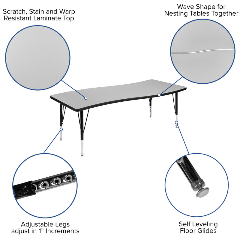 26"W x 60"L Rectangular Wave Flexible Collaborative Grey Thermal Laminate Activity Table - Height Adjustable Short Legs