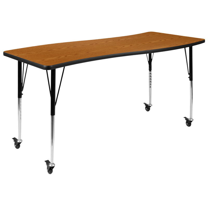 Mobile 26"W x 60"L Rectangular Wave Flexible Collaborative Oak Laminate Activity Table - Standard Height Adjustable Legs