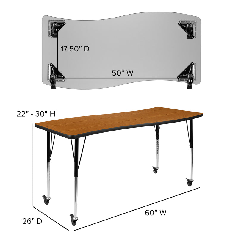 Mobile 26"W x 60"L Rectangular Wave Flexible Collaborative Oak Laminate Activity Table - Standard Height Adjustable Legs