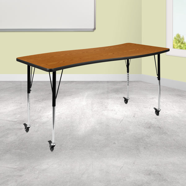 Mobile 26"W x 60"L Rectangular Wave Flexible Collaborative Oak Laminate Activity Table - Standard Height Adjustable Legs