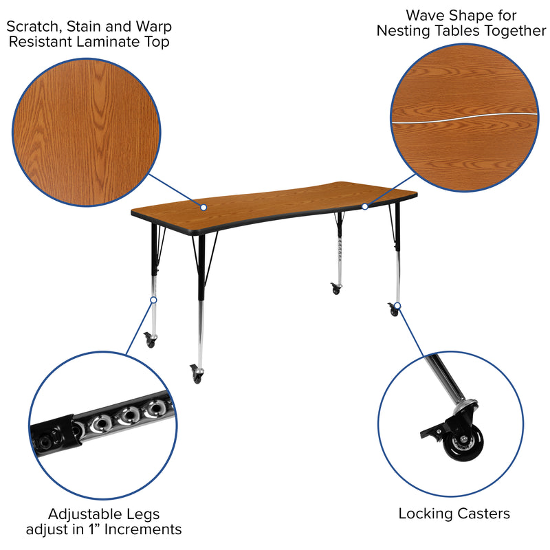 Mobile 26"W x 60"L Rectangular Wave Flexible Collaborative Oak Laminate Activity Table - Standard Height Adjustable Legs