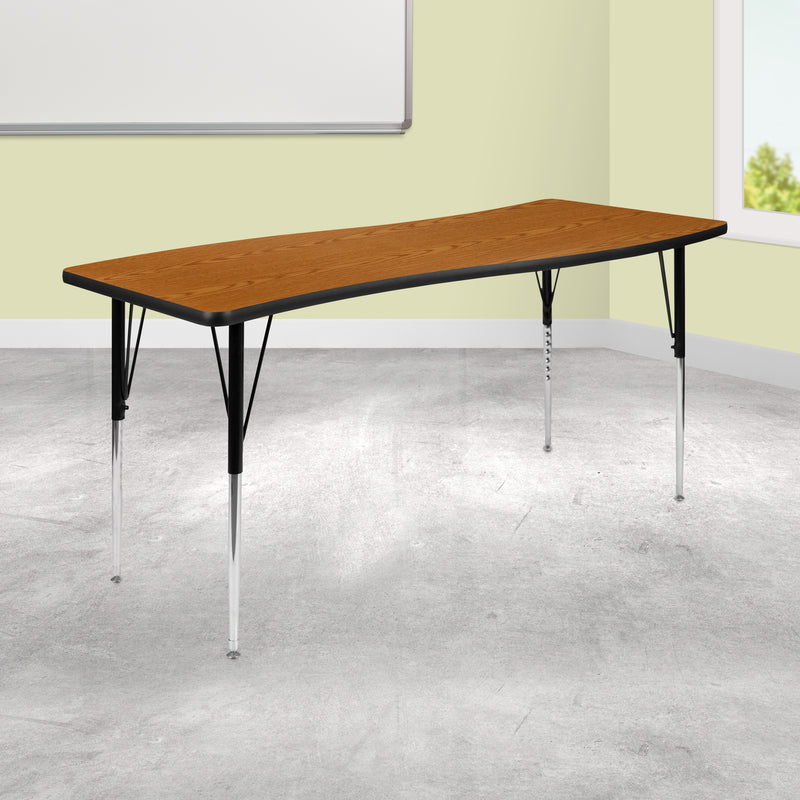 26"W x 60"L Rectangular Wave Flexible Collaborative Oak Thermal Laminate Activity Table - Standard Height Adjustable Legs