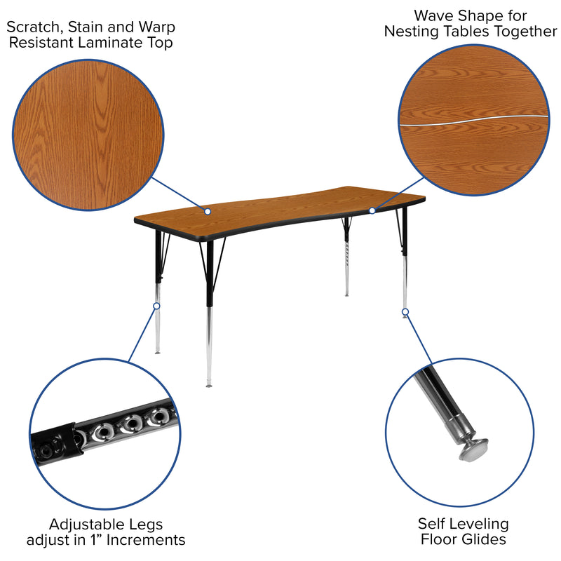 26"W x 60"L Rectangular Wave Flexible Collaborative Oak Thermal Laminate Activity Table - Standard Height Adjustable Legs