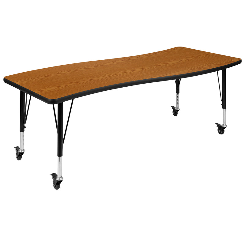 Mobile 26"W x 60"L Rectangular Wave Flexible Collaborative Oak Laminate Activity Table - Height Adjustable Short Legs