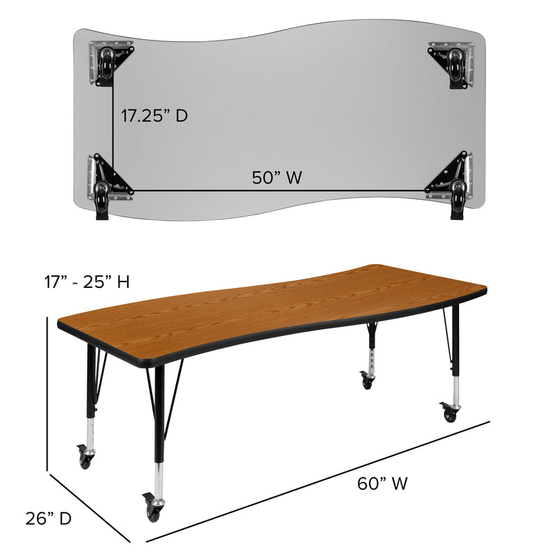 Mobile 26"W x 60"L Rectangular Wave Flexible Collaborative Oak Laminate Activity Table - Height Adjustable Short Legs