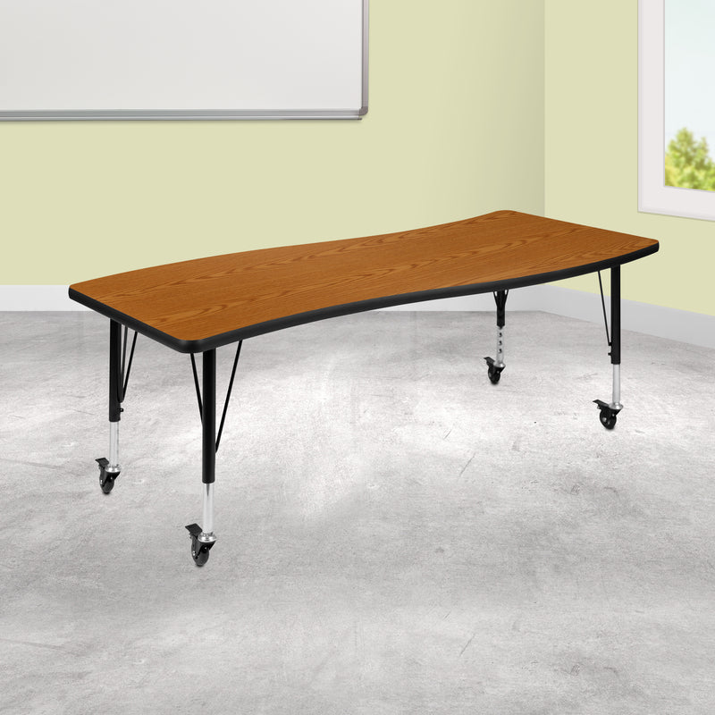 Mobile 26"W x 60"L Rectangular Wave Flexible Collaborative Oak Laminate Activity Table - Height Adjustable Short Legs