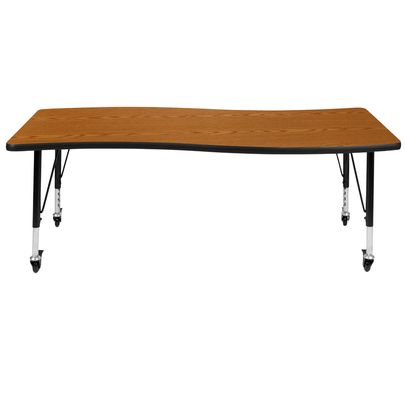 Mobile 26"W x 60"L Rectangular Wave Flexible Collaborative Oak Laminate Activity Table - Height Adjustable Short Legs