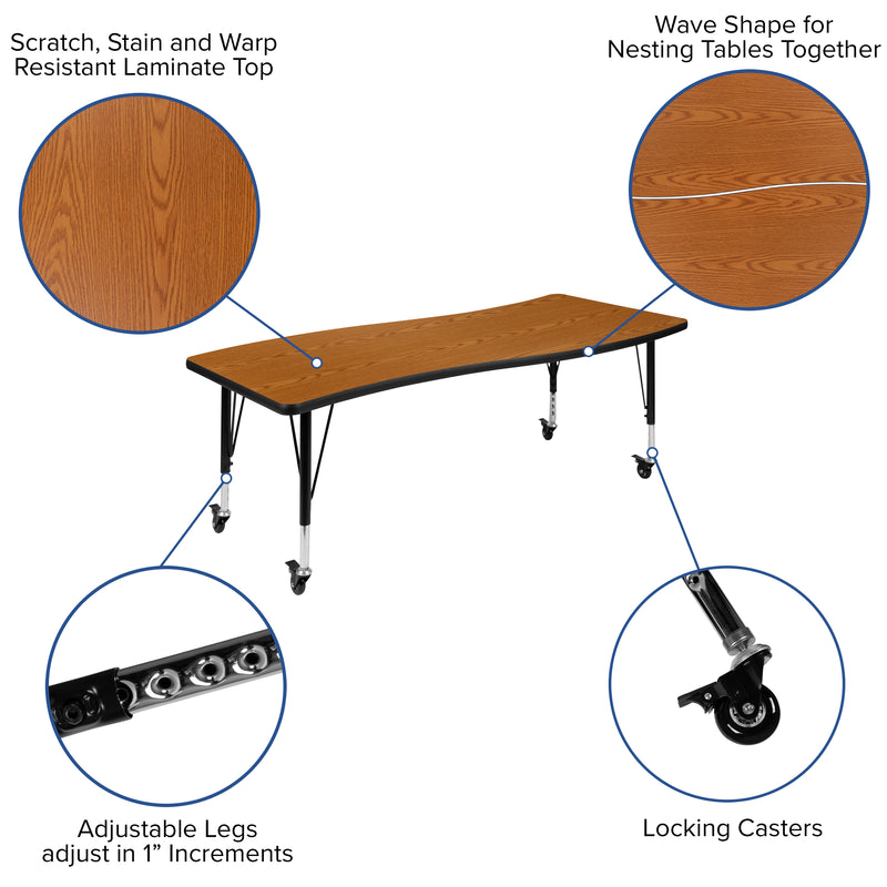 Mobile 26"W x 60"L Rectangular Wave Flexible Collaborative Oak Laminate Activity Table - Height Adjustable Short Legs