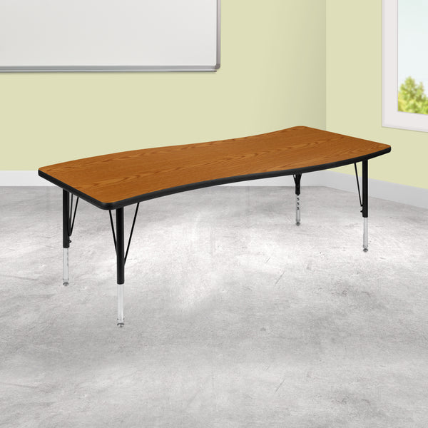 26"W x 60"L Rectangular Wave Flexible Collaborative Oak Thermal Laminate Activity Table - Height Adjustable Short Legs