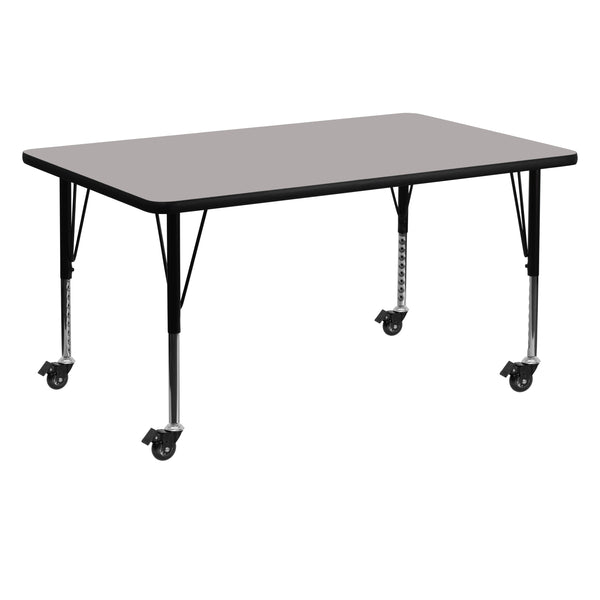 Mobile 30''W x 60''L Rectangular Grey HP Laminate Activity Table - Height Adjustable Short Legs