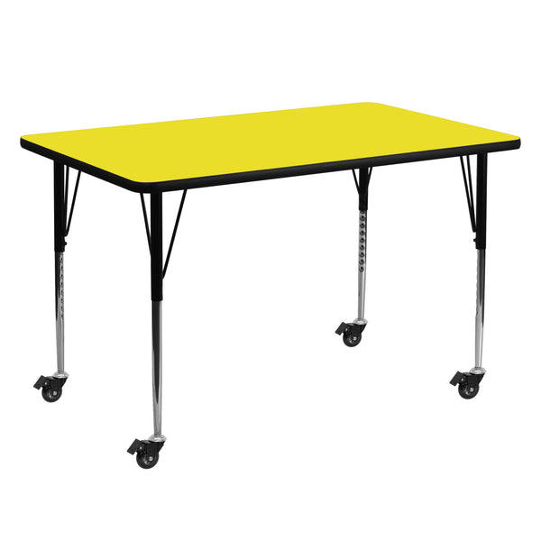 Mobile 30''W x 60''L Rectangular Yellow HP Laminate Activity Table - Standard Height Adjustable Legs