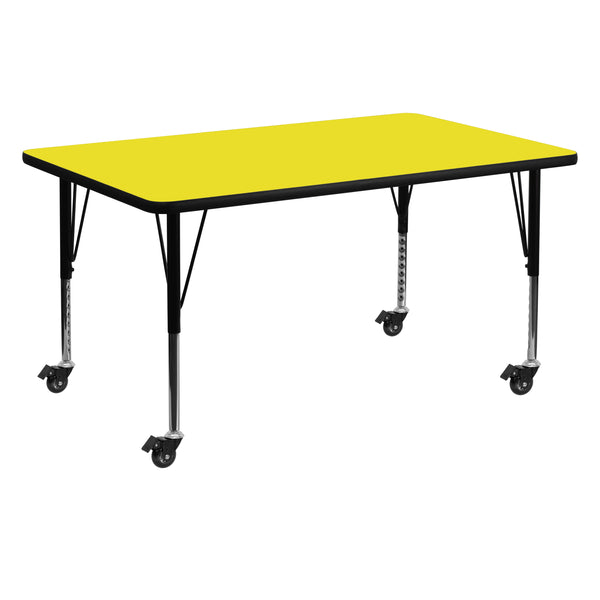 Mobile 30''W x 60''L Rectangular Yellow HP Laminate Activity Table - Height Adjustable Short Legs