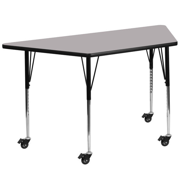 Mobile 29''W x 57''L Trapezoid Grey Thermal Laminate Activity Table - Standard Height Adjustable Legs