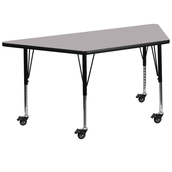 Mobile 29''W x 57''L Trapezoid Grey Thermal Laminate Activity Table - Height Adjustable Short Legs