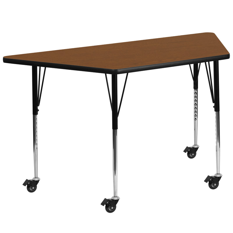 Mobile 29''W x 57''L Trapezoid Oak HP Laminate Activity Table - Standard Height Adjustable Legs