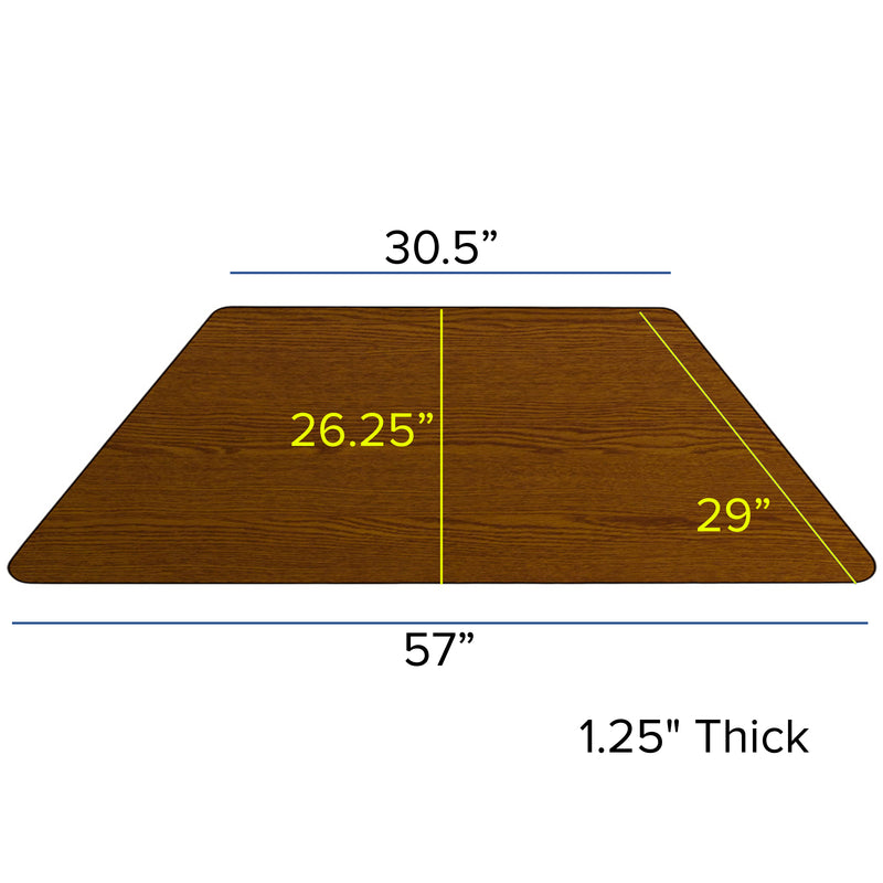 29''W x 57''L Trapezoid Oak HP Laminate Activity Table - Height Adjustable Short Legs