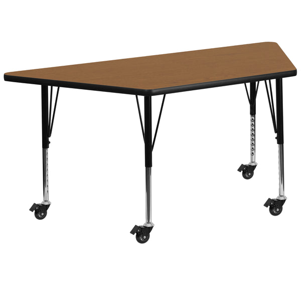 Mobile 29''W x 57''L Trapezoid Oak Thermal Laminate Activity Table - Height Adjustable Short Legs