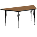 29''W x 57''L Trapezoid Oak Thermal Laminate Activity Table - Height Adjustable Short Legs