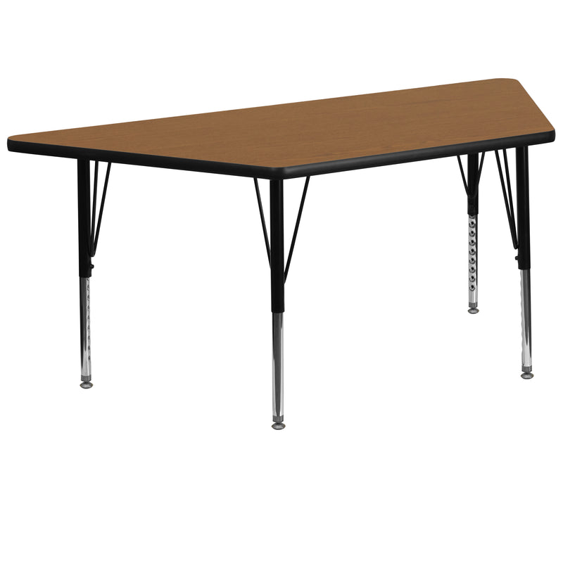 29''W x 57''L Trapezoid Oak Thermal Laminate Activity Table - Height Adjustable Short Legs