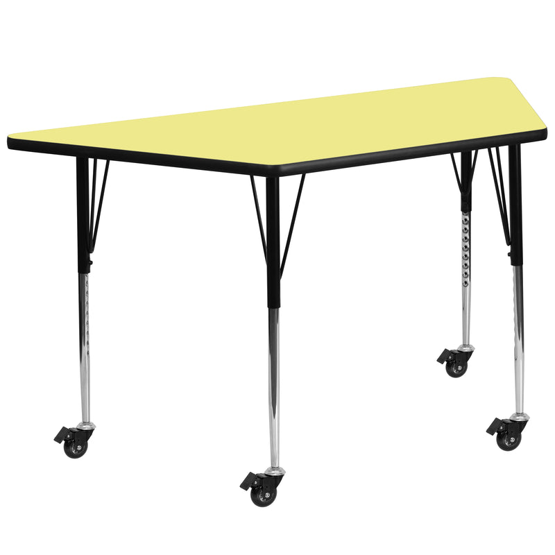 Mobile 29''W x 57''L Trapezoid Yellow Thermal Laminate Activity Table - Standard Height Adjustable Legs